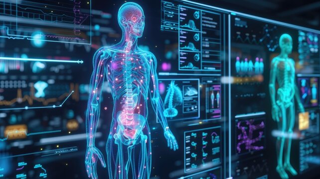 holographic medical visualization of the human body, highlighting its applications in healthcare and education