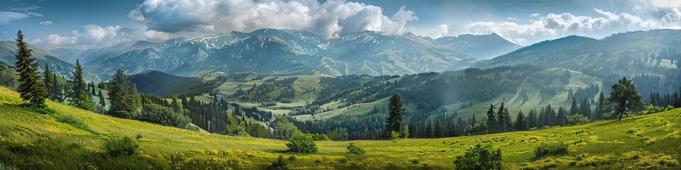 Panoramic view of a hilly landscape with lush green meadows and forests.