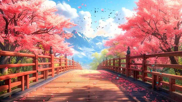 cool spring atmosphere is accompanied by a wooden bridge. Seamless looping 4k time-lapse virtual video animation background