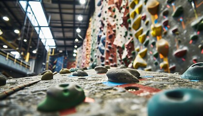 a climbing wall with many different colored rocks - obrazy, fototapety, plakaty