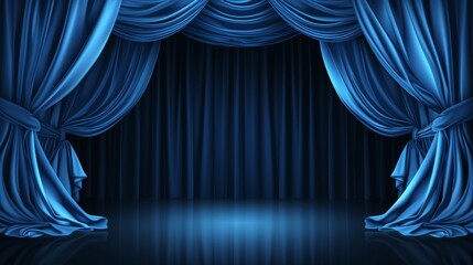 Dark blue theater curtains with spotlight on stage, theatrical drapery template illustration - obrazy, fototapety, plakaty