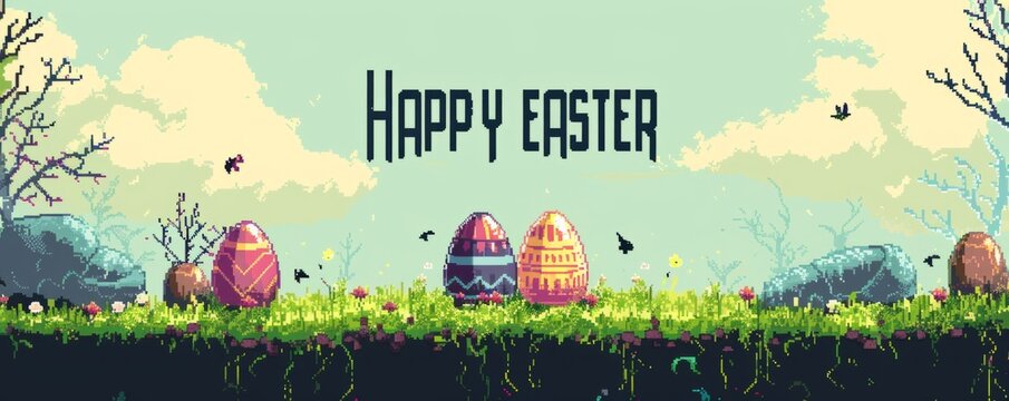 a beautiful pixel art easter card with eggs in the grass Generative AI