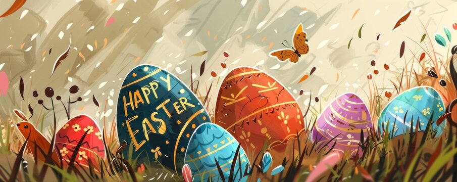 colorful eggs in the grass with happy easter written on it Generative AI