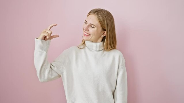 Confident beautiful blonde girl gesturing small size measure with fingers, radiating positivity over a pink isolated background