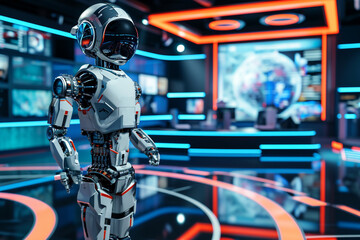 robot stands in the modern studio on blurred background. Artificial intelect in future life. AI Generated
