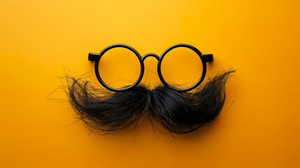 Illustration of a pair of comical glasses and mustache for April Fools' Day. Funny glasses in prank concept on yellow background. Happy April Fool's Day.