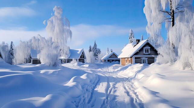 Photo winter landscape, (((snow and snowdrifts on the ground))), on the left ((sparse pine forest)), (on the right a tall snow-covered birch), in the background behind the trees of the forest is a vil