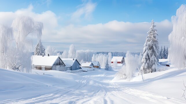 Photo winter landscape, (((snow and snowdrifts on the ground))), on the left ((sparse pine forest)), (on the right a tall snow-covered birch), in the background behind the trees of the forest is a vil
