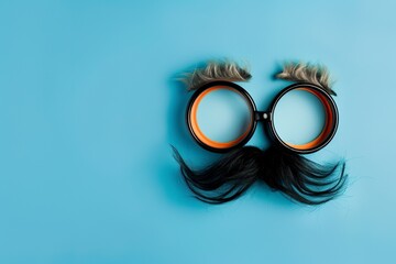 Illustration of a pair of comical glasses and mustache for April Fools' Day. Funny glasses in prank concept on blue background. Happy April Fool's Day. - obrazy, fototapety, plakaty
