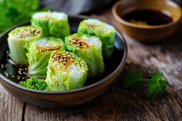 Asian cabbage roll and soy sauce on wooden background