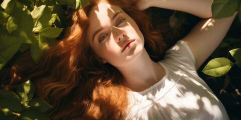 Naklejka premium beautiful blonde woman in white with hair up and tree leaves, generative AI