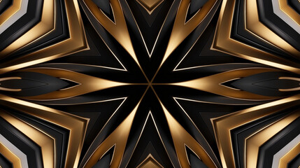 Kaleidoscope with a star-like pattern at its center, exhibiting mirror symmetry and color scheme is a sophisticated combination of black and gold