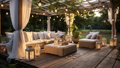 a patio with a large couch and a table - obrazy, fototapety, plakaty