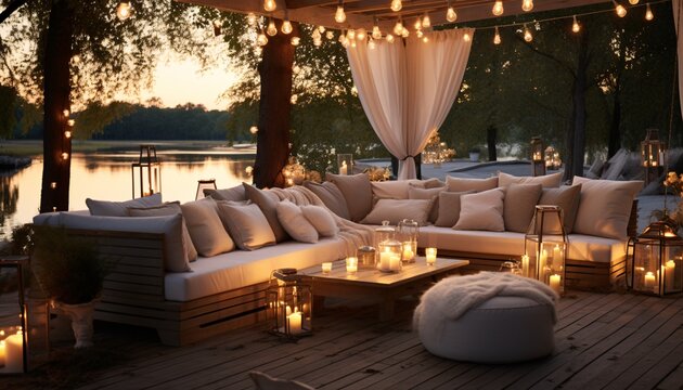 a outdoor patio with a large couch and candles