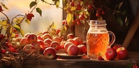 a glass jar of juice next to apples