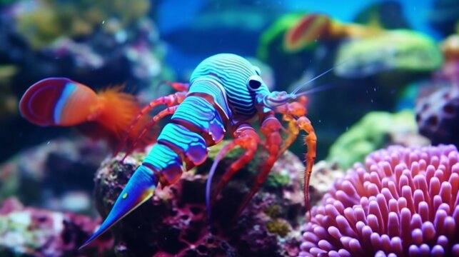 Colorful reef with a red mantis shrimp macro underwater Ai Generative