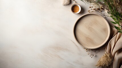 Fototapeta na wymiar realistic boho empty table for mockup, top view, boho style, cute beiges, style photography