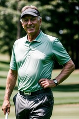Fototapeta premium A professional golfer, posing on a golf range while wearing golf attire