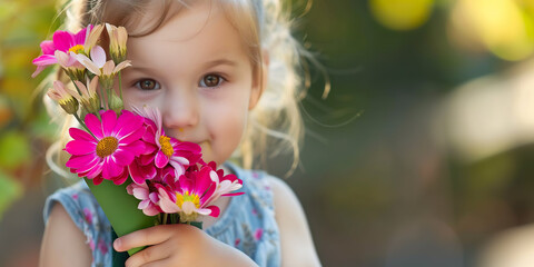 Obraz na płótnie Canvas Little girl offering a flower arrangement, mother's day or birthday