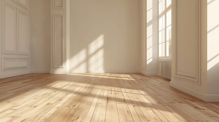 Obraz premium Empty sunlit room with wooden parquet floor.