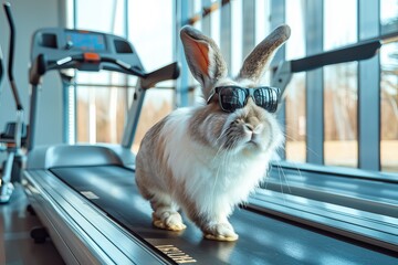 Cool Easter bunny with sunglasses on the treadmill in the gym.