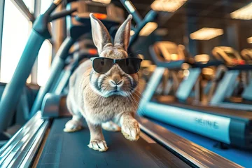Papier Peint photo Lavable Fitness Cool Easter bunny with sunglasses on the treadmill in the gym.