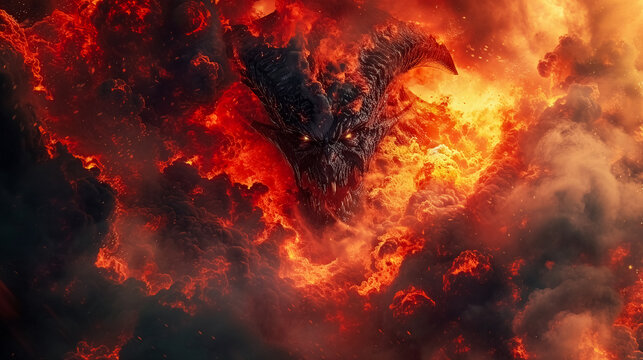 Demon Demonic devil in the fire of hell inferno burning bright fire. Digital album Art