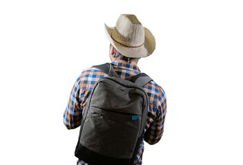 a tourist with a backpack looking,  view from back  - obrazy, fototapety, plakaty