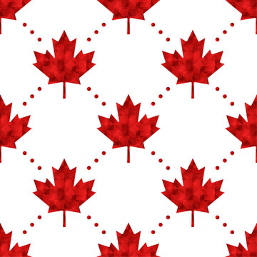 Canadian vector seamless pattern. Red polygonal maple leaves and dots on white background.