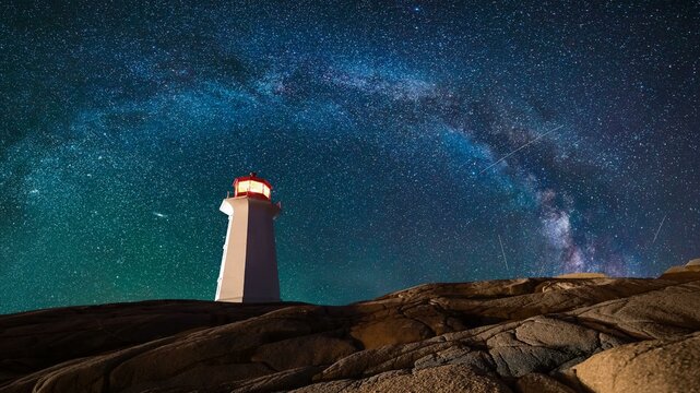 Lighthouse surrounded by rocks at night, lighthouse with lights on at night