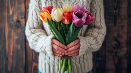 Close up of woman s hands holding a vibrant bouquet of colorful tulips in a beautiful display