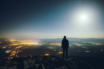 Man, night, mountain view, city lights, valley, moon, panorama, Tatra mountains, Slovakia, Europe
