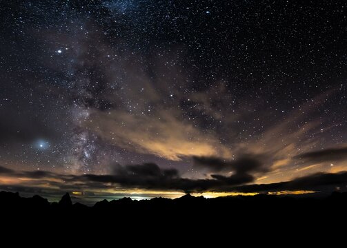 Milky way, sky stars, mountains, clouds, night, Rysy summit, Tatra mountains, Poland, Europe
