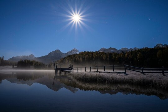 Lake Staz by moonlight, Lej da Staz, St. Moritz, Engadin, Grisons, Switzerland, Europe