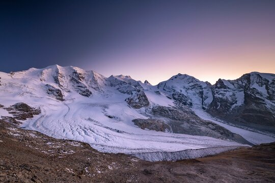 Mountain panorama on the Diavolezza, view of the Bernina Group, Piz Palue, Bellavista, Piz Bernina, Pers Glacier, Morteratsch Glacier, Engadine, Switzerland, Europe