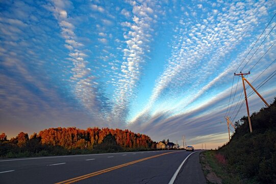 Road and clouds, last evening light, vastness, Perce, Gaspesie, Perce, Quebec, Canada, North America
