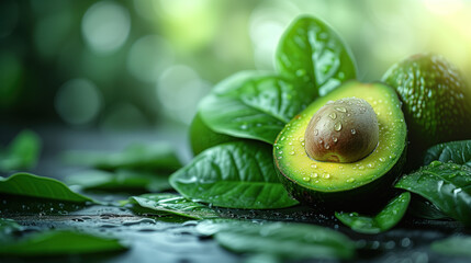 Avocado with water drops. Avocado, half an avocado with leaves.