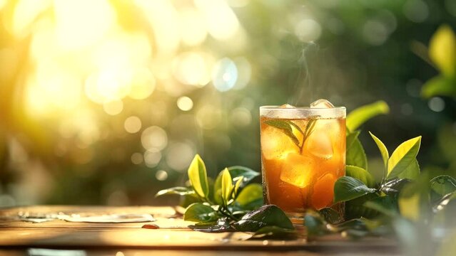 ice tea glass on wooden table with tea leaves plant background, video looping background for display product 