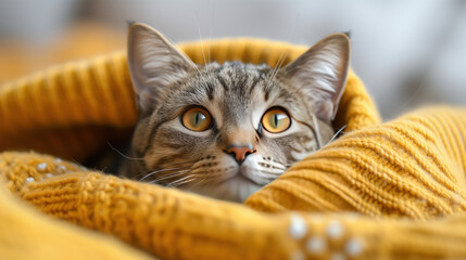 A gray cat basking in a warm yellow blanket. Portrait of a cat wrapped in an autumn knitted blanket.