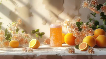 Jar of honey on the table with oranges