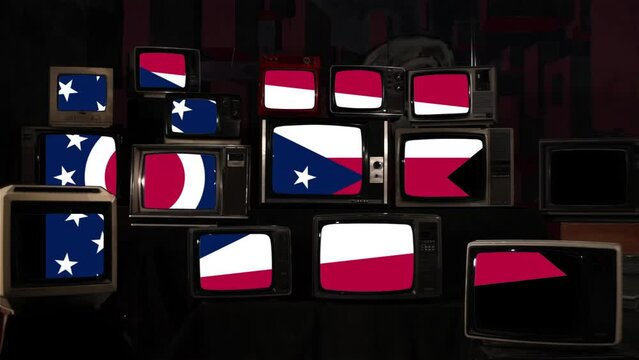 Flag of Ohio and Vintage Televisions. 4K Resolution.