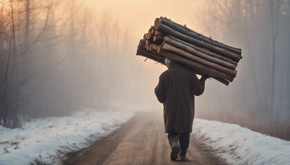 old man carrying chopped wood on his back in dense fog on a country road, view from the back, sunset