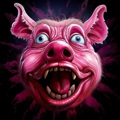 Obraz premium A vibrant 2D illustration of a pig with a crazy, scared expression full of surprise and agitation. Creative digital art of funny and chaotic piglet on black background. T-shirt art.