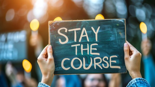 Motivational concept  woman holds  stay the course  sign for success on abstract blurred background.