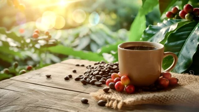 a cup coffee with coffee bean on wooden table with coffee plant background, video looping background for display product for industry factory 