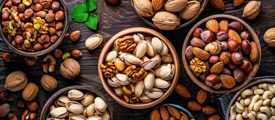 Oilseeds are a high-energy source, comprising nuts like walnuts, hazelnuts, pistachios, and almonds, which are lipid-rich and contain beneficial fats. - obrazy, fototapety, plakaty