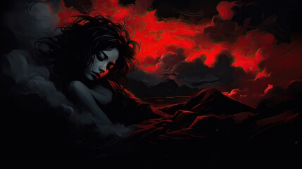 Silhouette, a girl sleeping in the clouds, moody sad dark atmosphere, black background, dark paintbrush, Red over black, 2D
