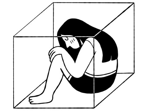 Sad woman sitting lonely, hugging her knees, keeping herself in the box, introvert person concept. Outline, line art, hand drawn sketch design, black and white ink style. 