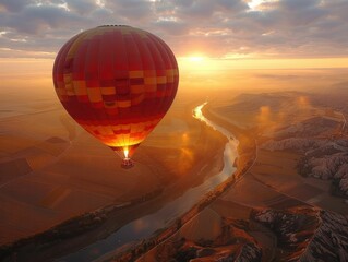 Obraz premium Hot air balloon adventure travel, offering stunning aerial landscapes views, embodying exploration and liberty