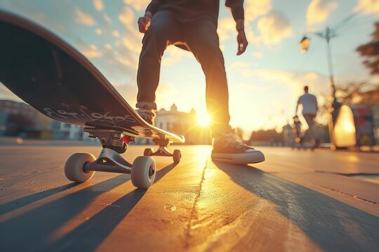 Thrilling skateboarding action within a lively urban skate park, highlighting agility, youth culture, and motion